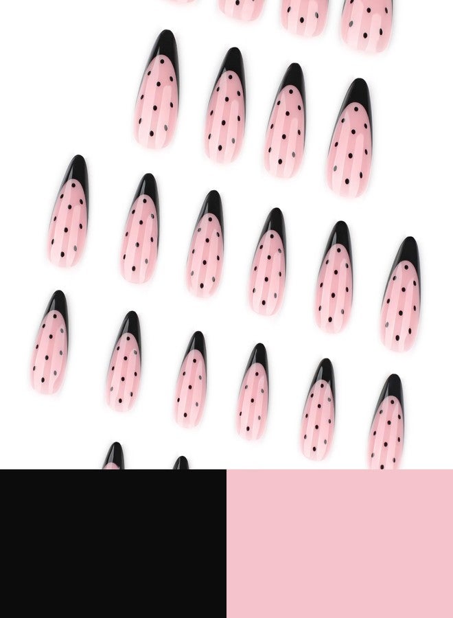 CTTHNBD Black French Tip Press on Nails Almond - Medium Fake Nails with Spot Design - Glossy Full Cover Stick on False Nails - for Women 24 Pcs - Image 4